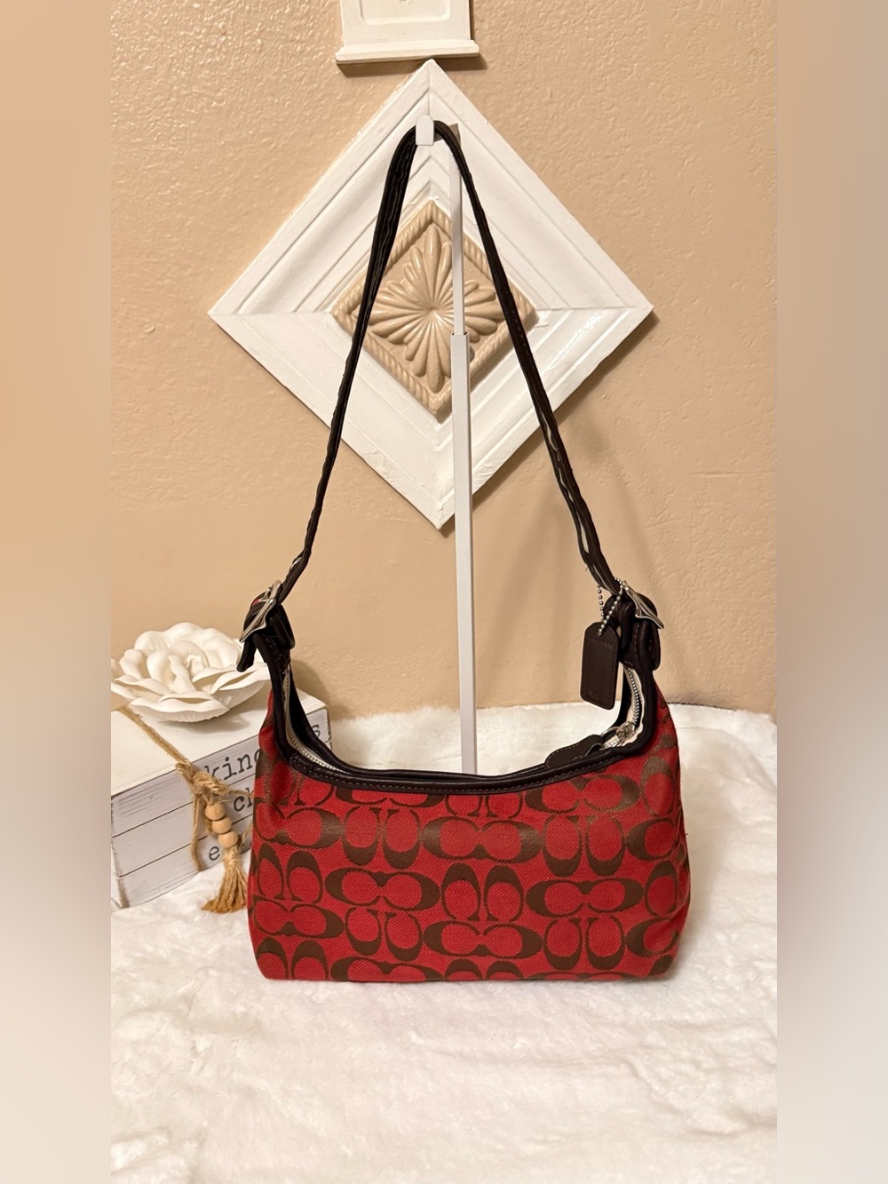 Coach Signature Small Shoulder Bag in Red and Brown